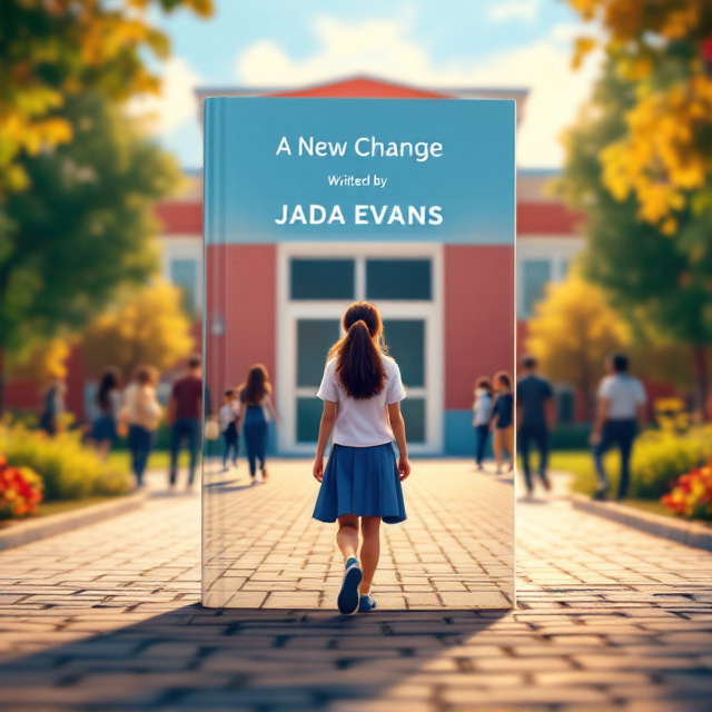 A girl with a medium-length brown ponytail, wearing a casual school uniform (white shirt with a blue skirt and yellow accents), walking towards the large double doors of a vibrant school building. The view is from behind her as she steps on a pathway surrounded by trees and flowers. Behind her, blurred silhouettes of students are depicted some kids are playing with a ball, a couple is sharing a private, romantic moment, and two others are arguing, with dramatic body language to signify a fight. The sunny sky is painted in soft blues, transitioning into soft yellows near the horizon, adding warmth to the composition.
