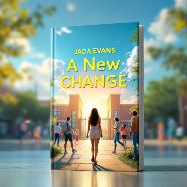 A school courtyard scene, the center of the cover features a girl (from the back) walking towards an imposing school building. Her small figure is juxtaposed against the large gates of the school, symbolizing a sense of wonder and change. In the background, various groups of students are depicted a couple kissing near the lockers on the right side, a pair of students fighting under a shaded tree, and a group of friends happily playing frisbee on the left. The morning sky features a gradient of blue and white, brightened with hints of yellow sunlight emphasizing hope and transition.