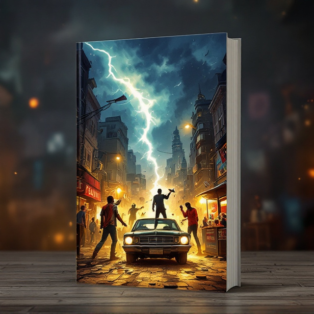 The cover depicts the chaotic street scene as central imagery. In the foreground, the four siblings are seen in their specific "Jinete" roles. The Jinete Blanco towers over a beaten-up car with exaggerated confidence, his megaphone gleaming under the light of a flickering street lamp. The Jinete Rojo stands to the left, mid-pose with his baseball bat slung over one shoulder, as comical explosions of chaos and blurry fists behind him suggest his penchant for causing trouble. The Jinete Negro is to the right, meticulously counting coins at a food cart offering an assortment of street eats, while the vendor scratches his head in confusion. Seated off to the side at a café table is Jinete Amarillo, sipping from a steaming cup as he deliberates over his ominously titled notebook. The background of the city is a vibrant sunset of reds and oranges, transitioning to dark purples, with humorous warning signs dotting the street.