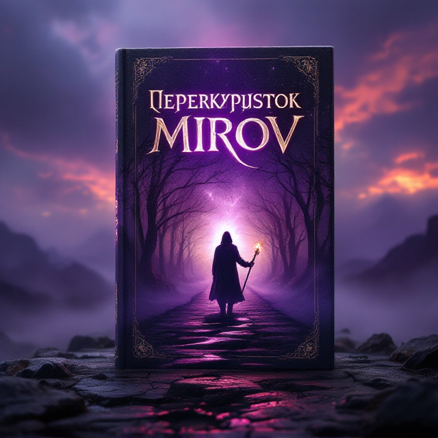 A haunting scene of a mystical, otherworldly crossroads at twilight, surrounded by swirling mists with faint silhouettes of parallel worlds breaking through the fog. A foreboding sky looms above, painted in deep purples, midnight blues, and streaks of fiery crimson. At the center, a figure stands cloaked in shadow, a faint glow of light illuminating a weapon or staff held tightly, with footsteps fading into multiple pathways leading toward mysterious and indistinct horizons.