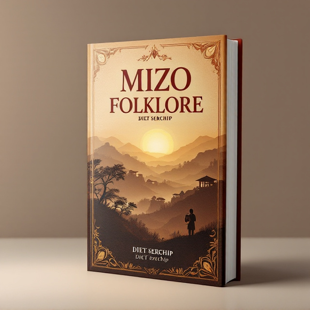A picturesque representation of Mizo hills during a golden sunset dominates the background, with faint silhouettes of traditional Mizo stilt houses on the hill slopes. A vintage filter overlays the entire cover, giving it a slightly aged texture. Delicate tribal patterns in muted earth tones frame the sides of the cover, while an ornamental weave design sits subtly in the lower foreground, symbolizing Mizo culture's rich traditions.