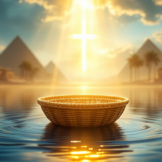A tranquil, golden-lit scene. A woven basket floats on a softly glowing river that reflects the warm dawn light. Gentle ripples emanate outward, symbolizing hope and deliverance. In the distance, faint silhouettes of ancient Egyptian pyramids and palace columns softly emerge from the mist, tying the narrative to its historical context. Above, the sky parts with soft clouds, and beams of divine light descend upon the basket. Subtle cross symbolism is integrated into the glowing light surrounding the basket. The background features an ancient papyrus texture to accentuate the historical aspect and maintain a sacred tone. The overall composition feels peaceful yet urgent, framed by layers of soft blue and golden hues.