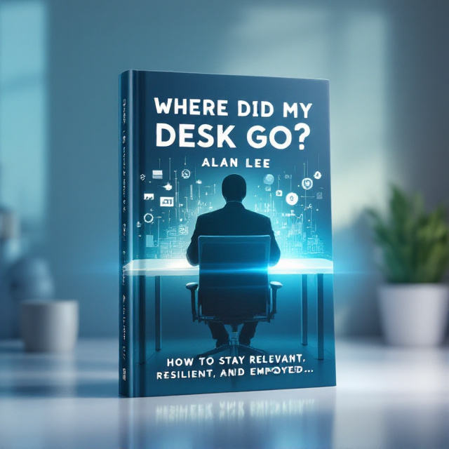 A faceless silhouette of a seated individual in an office chair dominates the center of the cover, with their hands resting where a desk would usually be. A glowing holographic desk made of pixelated AI-like lines and data streams begins to fade in and out, suggesting the disappearance of traditional working tools. The backdrop is a gradient of soft blues and whites, symbolizing a digital, futuristic workspace. Subtle icons of robots, graphs, and gears float in the background, representing outsourcing and AI advancements.