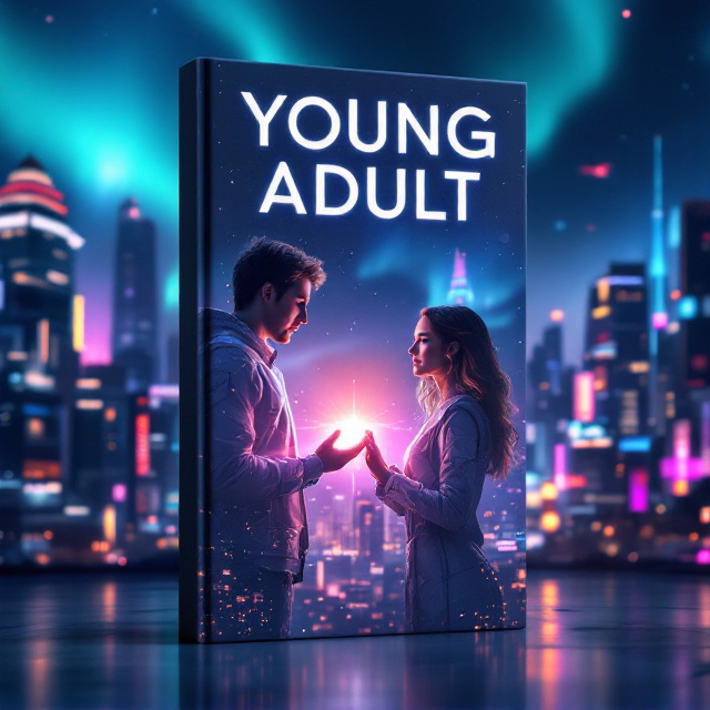 A futuristic cityscape is dimly lit in the background with glowing skyscrapers, neon signs, and flying vehicles. In the foreground, two characters—a young man and a woman—are reaching out for each other, their hands almost touching but separated by a translucent, glowing energy barrier. The couple is dressed in sci-fi styled clothing, featuring metallic and luminous accents. The sky above them is filled with stars and auroras, symbolizing hope and cosmic wonder.