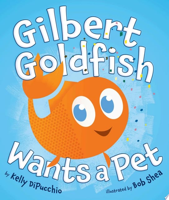 The cover features a large, expressive goldfish set against a vibrant blue background, with scattered confetti that suggests a celebratory mood.