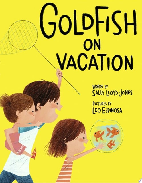 The cover features a large, vibrant goldfish with a strong presence, complemented by illustrations of characters and a bright yellow background.