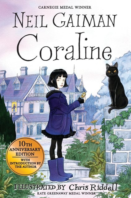 The cover showcases a young girl standing in front of a large, Gothic house, accompanied by a black cat perched near her. The illustration style blends whimsy with elements of suspense.