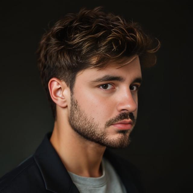 Create a realistic image with one male person only, featuring a retro-inspired hair design. The individual has a textured tousled top with short sides, natural brown hair with subtle highlights, styled in a relaxed, vintage 90s manner.