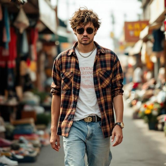 Depict a realistic image with a male person walking through a vibrant vintage market. The person has a textured tousled top with short sides and natural brown hair with subtle highlights. He is wearing a plaid flannel shirt over a white graphic tee, paired with light wash relaxed fit denim jeans and classic white sneakers. A silver chain necklace and round tortoiseshell sunglasses complete the look, embodying a nostalgic yet effortlessly stylish 90s vibe.