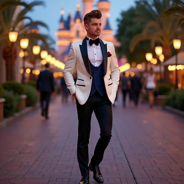 Depict a realistic image with a male person attending an elegant gala at a Disney resort, wearing a sleek, side-parted pompadour with a chestnut brown color and a slim-fit white tuxedo jacket with a black satin shawl lapel, black tuxedo trousers, a crisp white dress shirt, and a midnight blue waistcoat. Complete the look with black patent leather Oxford shoes and Disney-inspired accessories, set in a sophisticated summer evening scene.