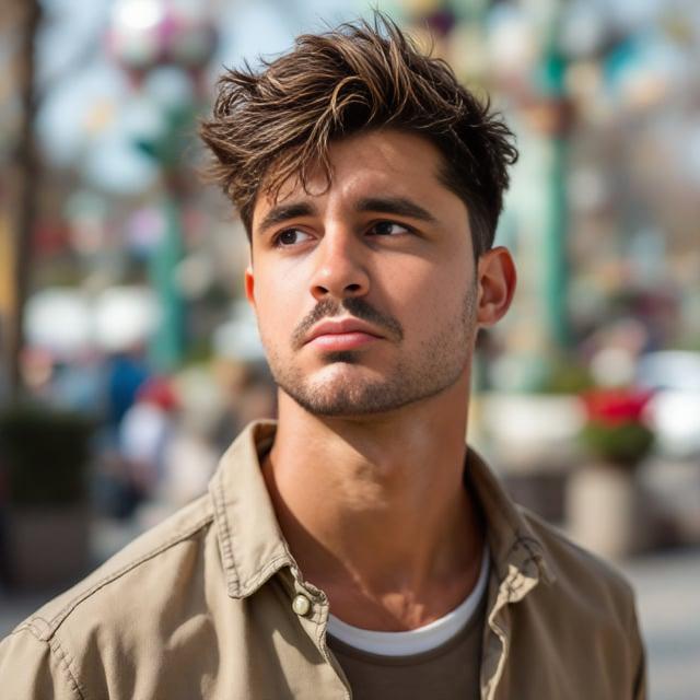 Create a realistic image with one male person only, featuring relaxed short sides with textured volume on top. The hair color should be natural brown with subtle lowlights. The person should have a casual yet stylish appearance suitable for a spring day at a theme park.