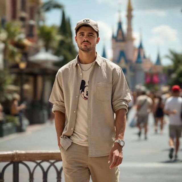 Depict a realistic image with a male person enjoying a sunny day at a Disney theme park. He has a relaxed short sides hairstyle with textured volume on top. He wears a beige linen button-up shirt over a Disney graphic t-shirt in neutral tones, paired with light khaki slim fit chinos and white slip-on canvas sneakers. Accessories include a Disney-themed baseball cap, a silver chain necklace, and a minimalist leather strap watch.