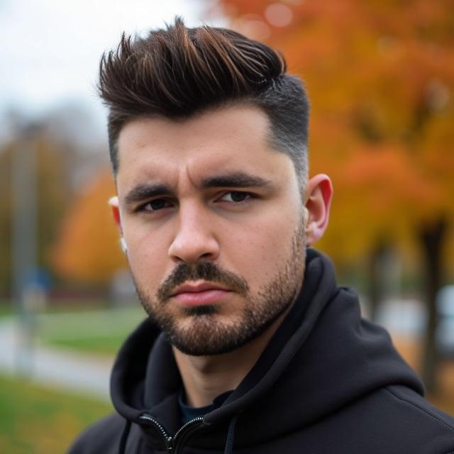 Create a realistic image with one person only, showcasing a male with a textured crop top fade, tapered neckline, subtle chestnut highlights on natural dark hair, in a casual autumn setting