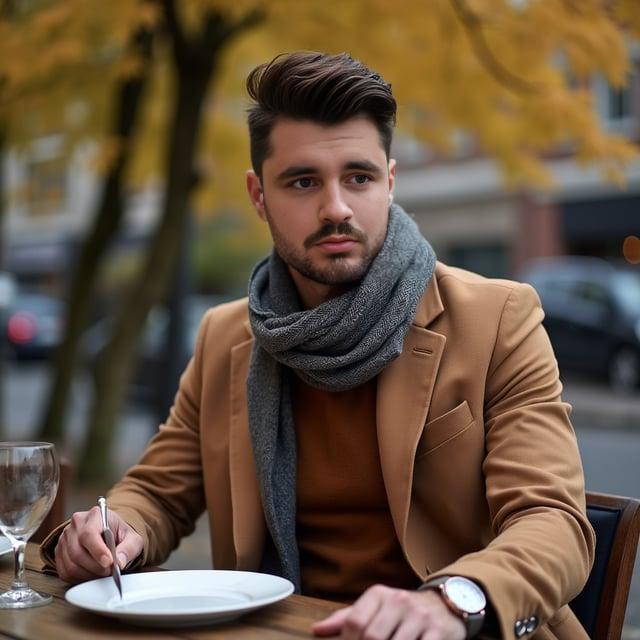 Depict a realistic image with a male person dining outdoors on an autumn evening. He is styled with a 'Textured crop top fade with a tapered neckline, subtle chestnut highlights' on natural dark hair. He is wearing a soft-knit crewneck sweater in earth-tone, paired with slim-fit chinos in dark navy and a classic tailored camel color overcoat. His tan leather Chelsea boots are just visible beneath the ankle-length chinos. He accessorizes with a minimalist silver-toned watch, a sleek metal cuff bracelet, and a lightweight wool scarf with a herringbone pattern around his neck.