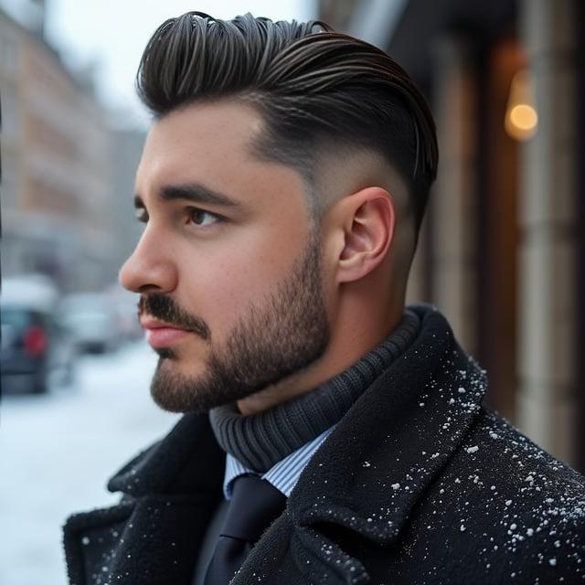 Create a realistic image with one person only, depicting a sophisticated male with a sleek side-parted pompadour, dark ash brown hair with cool-tone highlights, medium length on top with tapered sides, and a small, groomed beard. The man has an oval face shape, similar to the provided photo, and has a refined demeanor suitable for formal winter occasions.