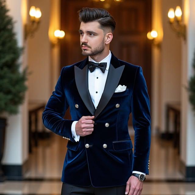 Depict a realistic image with a male person at an upscale winter formal event, wearing a sleek side-parted pompadour, a double-breasted navy blue velvet blazer with black satin peak lapels, a white twill dress shirt with spread collar, black slim-fit wool blend dress pants, a black silk bow tie, black patent leather Oxford shoes, and accessorized with silver cufflinks with onyx detailing, a white silk pocket square with navy blue trim, and a classic wristwatch with a black leather strap.