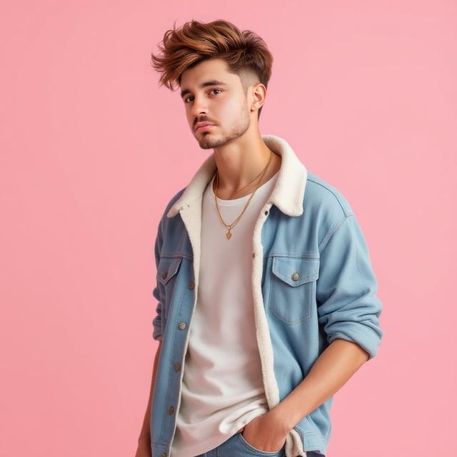 Create a realistic image with one male person only, wearing a trendy spring outfit suitable for a casual outing, styled with a voluminous quiff hairstyle. The hair should have warm caramel highlights on a chestnut base, short to medium length on top with high volume, and very short sides. The person is fashionable and trendy, inspired by Barbie-inspired modern style.