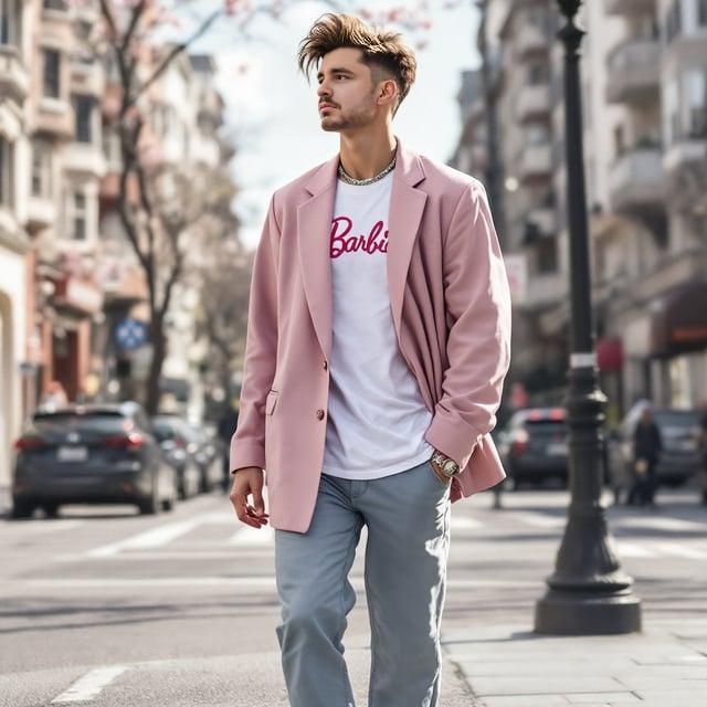 Depict a realistic image with a male person enjoying a spring day in the city, styled with a voluminous quiff hairstyle. He is wearing a light pastel pink oversized blazer, a white graphic tee with a Barbie theme, and slim-fit light wash jeans. The outfit is completed with white sneakers with pastel pink accents, a silver chain necklace, and a matcha green beanie.