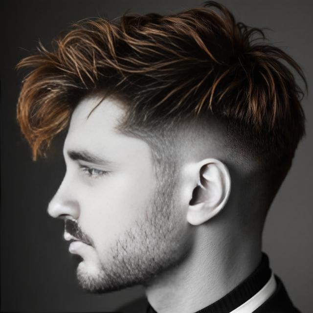 Create a realistic image with one male person only, having a textured haircut with short sides and medium-length top, in a soft chestnut color with earthy highlights, representing an elegant and intimate style.