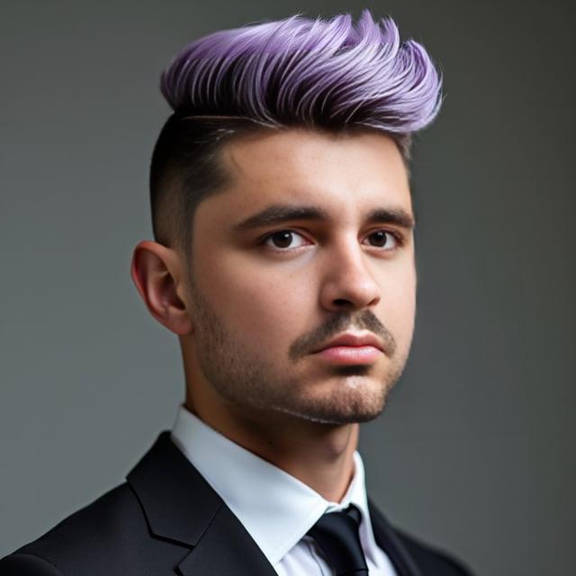 Create a realistic image with one person only, featuring a male with a square face shape, similar to the provided photo, styled in a modern pompadour haircut with high volume, faded undercut on the sides, and lavender highlights incorporated into the natural hair color.