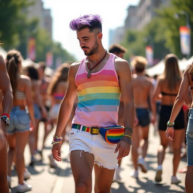 Depict a realistic image with a male person dancing at a daytime outdoor Pride festival, featuring short, styled pompadour hair with lavender highlights, in a pastel rainbow-striped tank top and white denim shorts. Complete the look with white canvas low-top sneakers with rainbow sole, a pride-themed belt, multicolored bracelets, and a vibrant festival fanny pack.