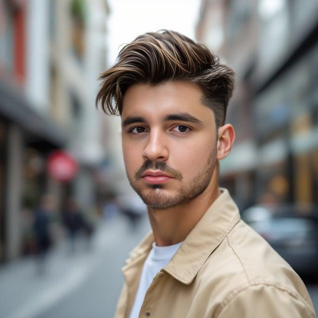 Create a realistic image with one male person only, showcasing an undercut hairstyle with neatly trimmed, medium-length top hair styled in a subtle wave, natural brown with golden highlights, positioned in a modern city background, wearing a light-colored spring outfit.