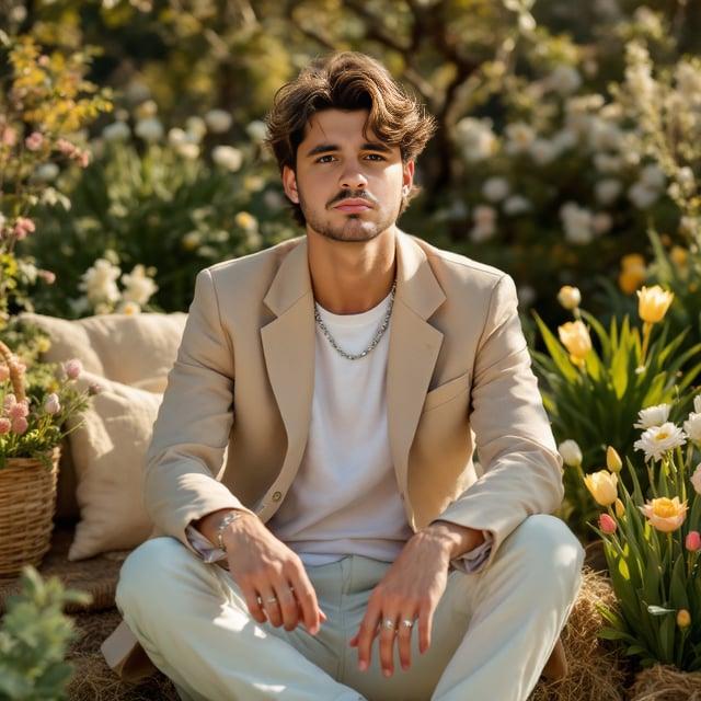 Depict a realistic image with a male person at an Easter brunch in a sunlit garden. The person has an undercut hairstyle with a medium-length top styled in subtle waves, natural brown with golden highlights. They are wearing a beige linen blazer over a white cotton long-sleeve henley shirt, light pastel chino pants, and white low-top leather sneakers. Accessories include a silver chain necklace, minimalist silver rings, and a beige felt fedora hat.