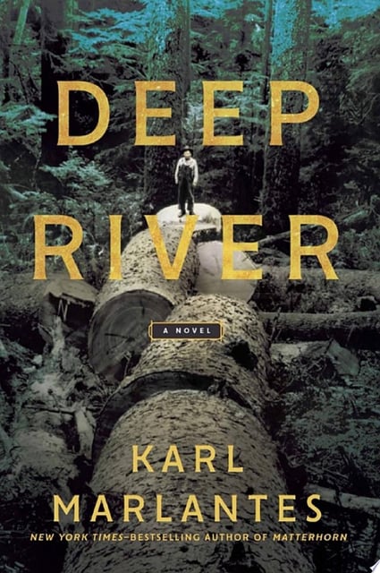 The cover features a dense forest backdrop, emphasizing the enormity and majesty of the logs and trees. The figure standing atop the cut log creates a focal point, drawing viewers into the scene.
