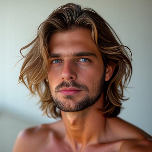 Create a realistic image with one person only, featuring a male with natural chestnut hair color and subtle sun-lightened highlights. He has a relaxed, medium-long hairstyle with feathered ends and layers that give a casual beach vibe. The hair rests just above the shoulders. The person has a similar build and complexion to the individual in the provided photograph.