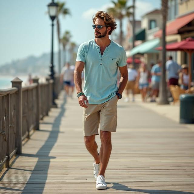 Depict a realistic image with a male person strolling along a beach town boardwalk in the summer. His hair is styled similar to the 'Summer Breeze Tousle' and he is dressed in a pastel blue henley shirt, knee-length beige chino shorts, and white low-top canvas sneakers. He's accessorized with aviator sunglasses, a leather strap watch, and a multicolored woven bracelet.