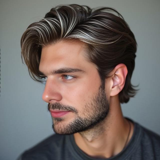 Create a realistic image with one person only showcasing a male with a medium-length layered hairstyle, natural ash-brown hair with subtle silver highlights, with a face shape and skin tone similar to the provided photo. The hairstyle should have a side-swept fringe and appear voluminous and textured.