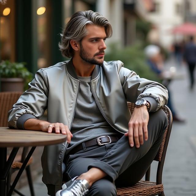 Depict a realistic image with a male person lounging at a trendy outdoor café during spring, styled with medium-length layered hair, subtle silver highlights, and his face shape and skin tone similar to the provided photo. He is dressed in a silver slim-fit crew-neck t-shirt, a silver satin-finish bomber jacket, slim-fit charcoal grey chinos, and metallic silver sneakers. He accessorizes with a smoke grey canvas belt and a silver mesh band watch.