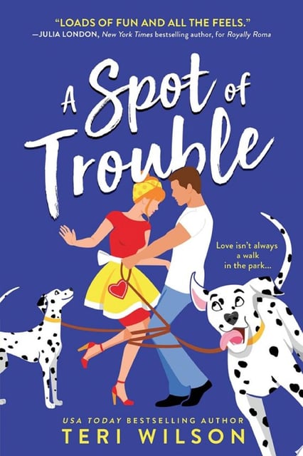 The original cover features a cheerful illustration of a man and woman entwined with leashes, accompanied by two playful Dalmatians. Bold, energetic colors and dynamic character positions convey humor and romance.