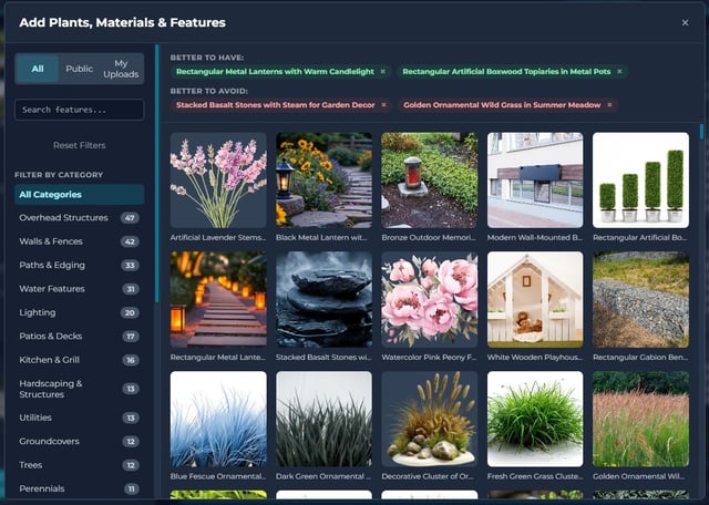 A screenshot of the YardStyling Component Library, where a user can add specific plants, materials, and features to their design brief.