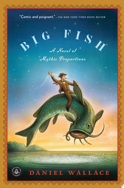 The cover features a giant fish with a man riding it, set against a starry night sky and a body of water, creating a surreal and fantastical scene.
