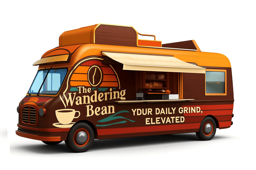 A photorealistic 3D mockup of the same van wrap design in a city scene.