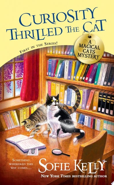The original cover portrays an inviting library scene, featuring prominently two cats and a mystical aura surrounding them. Warm colors and enchanting details set an engaging, whimsical tone.