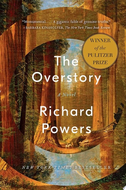 The cover features a majestic forest scene with towering trees and a path leading into the depth of the woods, framed within a circular vignette. A golden Pulitzer Prize badge sits prominently at the top right corner.