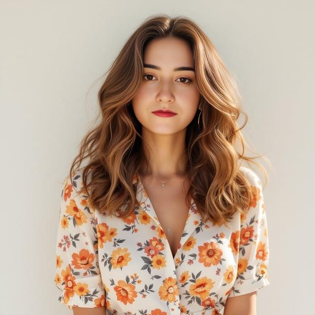 Create a realistic image with one female person only, wearing a medium-length, soft wavy hairstyle in warm chestnut brown color with sun-kissed highlights. The look should be retro-inspired, matching a floral patterned outfit suitable for a 90s casual outing in spring.