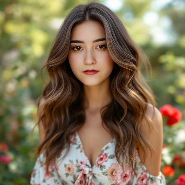 Create a realistic image with one female person only, featuring long, loose wavy hair with modern 2000s layers and wispy bangs. The person has rich chocolate brown hair with soft caramel highlights, mid-back length, and voluminous texture. They are set against a garden backdrop wearing a floral spring outfit.