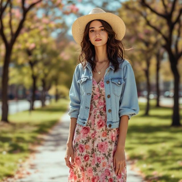 Depict a realistic image with a female person in a city park setting during a sunny afternoon. The person is wearing a floral print midi dress with puff sleeves, topped with a light wash denim cropped jacket. She has platform sandals and a wide-brim straw hat. Her hair is styled in loose waves with modern 2000s layers in a rich chocolate brown color. She holds a vintage-inspired pendant necklace, exuding a trendy yet nostalgic spring vibe.