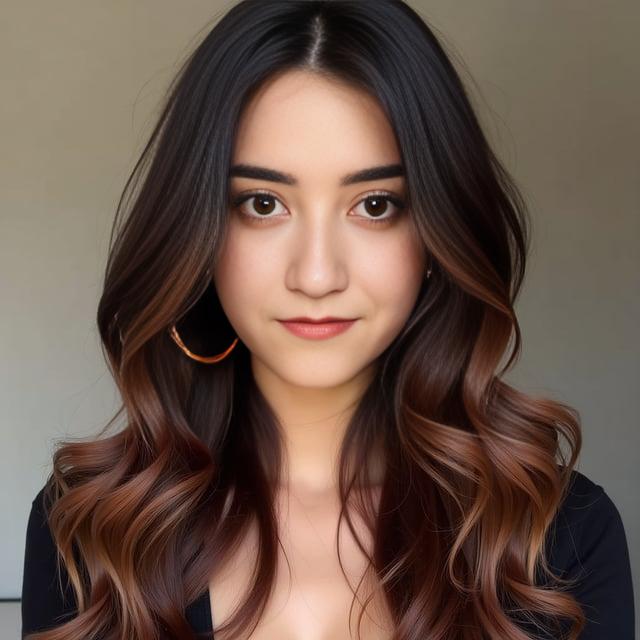 Create a realistic image with one person only, featuring a woman with a soft heart-shaped face and medium complexion, adorned with a 'Winter Bloom Elegance' hairstyle which showcases rich chocolate brown hair, accented with subtle auburn highlights, styled in long layers with soft waves.