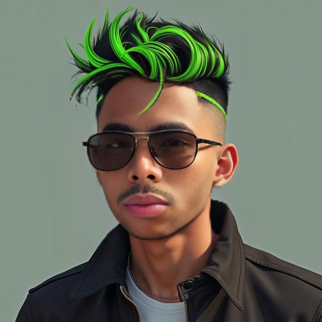 Create a realistic image with one person only, a male with a medium skin tone, featuring a modern undercut with neon green highlights on a textured quiff, styled for summer vibes.