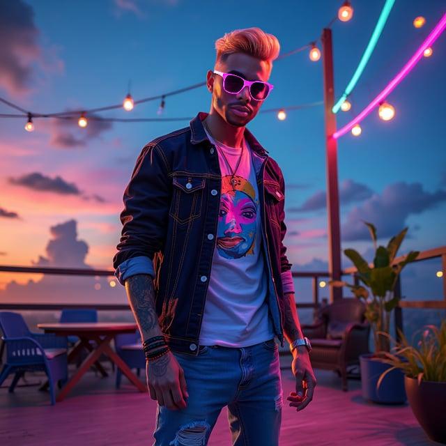Depict a realistic image with a male person at a vibrant rooftop summer party, showing off a neon edge undercut hairstyle, wearing a short-sleeve neon print tee layered under a casual black denim jacket with neon details, paired with slim-fit medium wash denim jeans and white canvas low-top sneakers with neon accents, complemented with a neon strap watch, neon framed wayfarer sunglasses, and a leather bracelet with neon stitching.