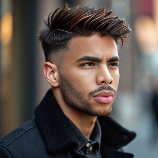 Create a realistic image with one person only, showing a male with a face shape similar to the provided image, featuring a hairstyle with tapered sides and a textured top, natural dark hair with subtle auburn highlights, embodying the essence of fall.