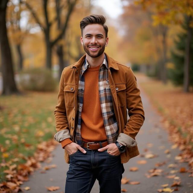 Depict a realistic image with a male person in an outdoor park surrounded by fall foliage. He's wearing a casual, season-appropriate outfit for a family photo, with a neatly tapered hairstyle. The ensemble includes a burnt orange crewneck sweater layered over a brown and cream plaid flannel shirt, paired with dark wash straight-leg jeans. Completing the look are cognac brown leather Chelsea boots, a medium-width matching belt, and a minimalist watch. He's also wearing a tan suede jacket, buttoned at the front, and the sleeves are rolled slightly to reveal the layers beneath.