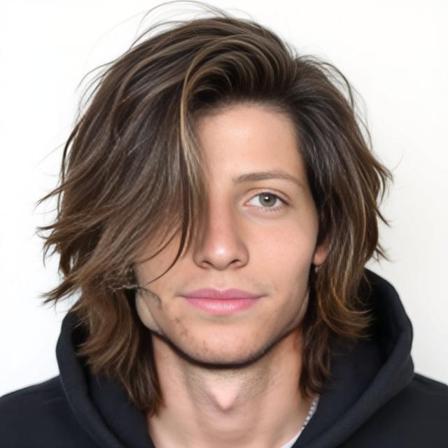 Create a realistic image with one male person only, featuring a medium-length, side-swept hairstyle with textured layers. The hair color is a natural dark brown with subtle highlights, fitting for a casual spring look. The face is not visible.