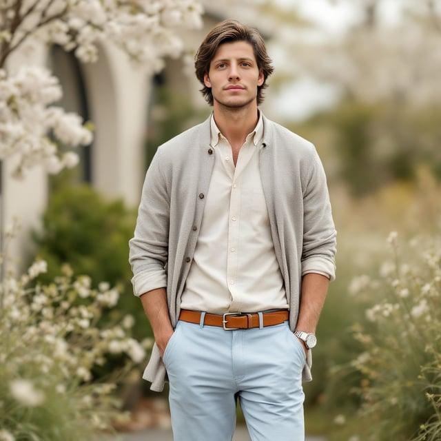 Depict a realistic image with a male person in a spring family gathering. He has a medium-length, side-swept hairstyle with textured layers and natural brown color with highlights. He wears a light beige linen shirt with roll-up sleeves, soft pastel blue chino pants, and a gray cotton cardigan. His footwear is tan suede loafers and accessories include a minimalist silver watch and a brown leather belt.