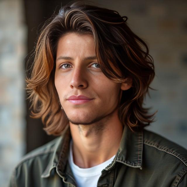 Create a realistic image with one person only, featuring a male with medium length, wavy, layered brown hair with auburn highlights, styled in a casual side-swept manner to fit a fall aesthetic.