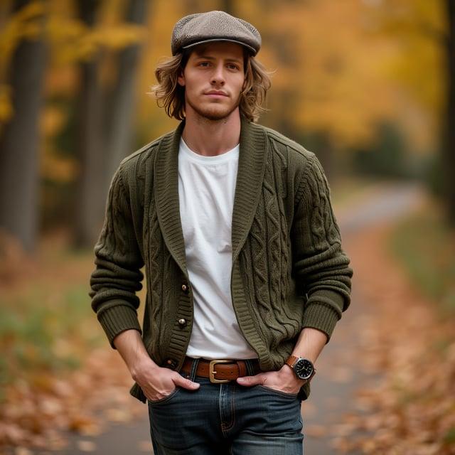 Depict a realistic image with a male person in a family fall picture scenario, featuring the described haircut of medium length wavy brown with subtle auburn highlights, dressed in an olive green cable knit cardigan, white slim-fit T-shirt, dark wash jeans, and caramel suede desert boots. Add a brown herringbone pattern flat cap and a classic watch with a leather strap.